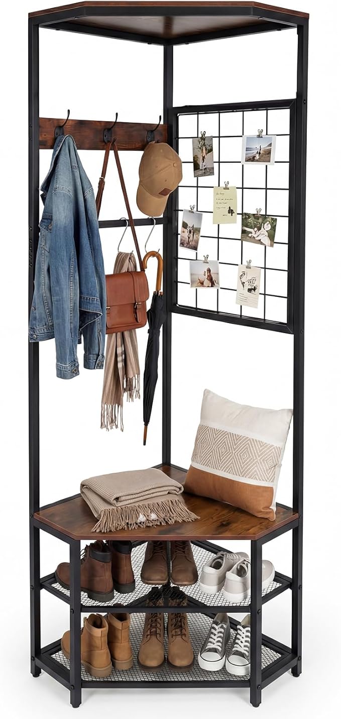 Giantex Corner Hall Tree with Shoe Bench, 4-Tier Freestanding Coat Rack with Hooks & 2-Tier Metal Wire Shoe Rack, Industrial Corner Storage Organizer for Entryway, Hallway, Bedroom