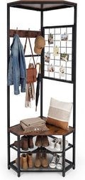Giantex Corner Hall Tree with Shoe Bench, 4-Tier Freestanding Coat Rack with Hooks & 2-Tier Metal Wire Shoe Rack, Industrial Corner Storage Organizer for Entryway, Hallway, Bedroom