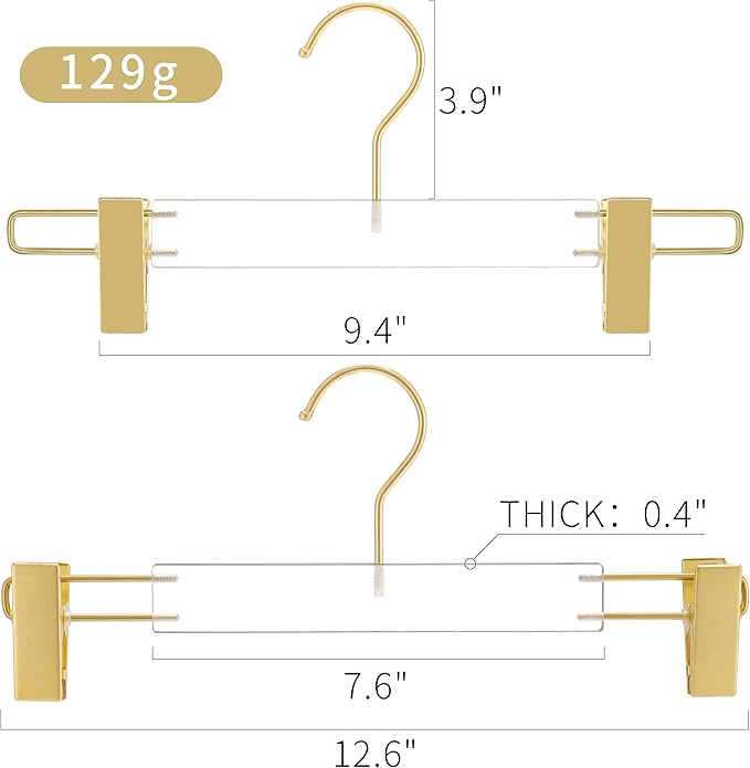 Besser Gold Clear Hangers 15 Pack,Acrylic Clothes Hangers,Skirt Dress Hanger with Gold Clips,Pants Hangers for Closet Storage