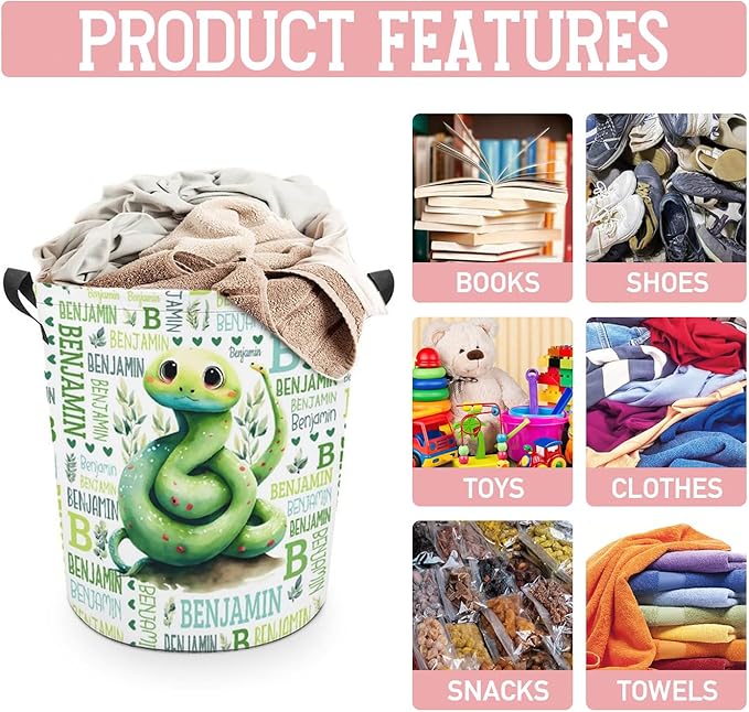 Snake Laundry Basket,Custom Laundry Hamper with Name,Personalized Snake Gifts for Boys Girls,Customize Collapsible Laundry Basket for Bedroom Bathroom,M-19.5"X 15.7"