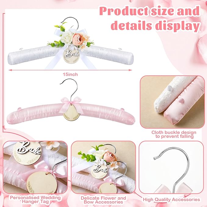 12 Pcs Satin Padded Hangers for Women Clothing White Lace Bride Hangers with Anti Rust Shoulder Hook Non-Slip Buttons and Customizable Tags for Hanging Dresses Sweaters Suits Party Supplies
