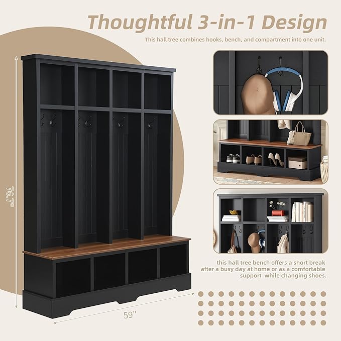 Farmhouse 59" Wide Hall Tree with 8 Hanging Hooks, Wood Grain Bench with Open Compartments, 76.7" H Entryway Shoe Rack Coat Hanger for Living Room Mudroom Hallway (Black-8.26)
