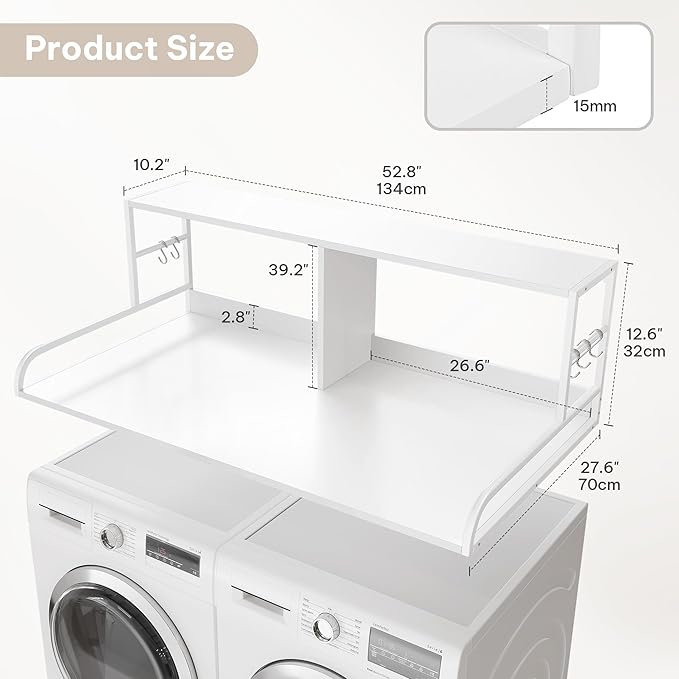 DWVO 2-Tier Washer Dryer Countertop with Shelf, 53" W x 27.6" D with with 2.8" Edge Rails & 2 Hooks, Laundry Countertop for Organization, Washer and Dryer Topper, White
