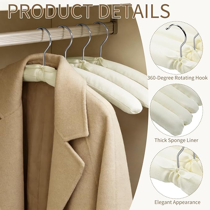 10 Pack Anti Slip Padded Hangers, 17 Inch Beige Cushioned Hangers with Sponge Shoulder Pads for Coat, Sweater and Wedding Dress