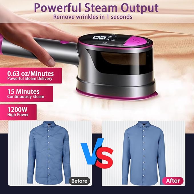 Travel Clothing Steamer, 1200W Handheld Portable Clothing Wrinkle Remover, 3+1 Steam Adjustable Intelligent Home Iron, 20S Preheating, 7 Hole Steam Outlet, Essential for Home, Travel & Dorm (Purple)
