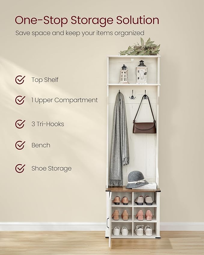 VASAGLE Hall Tree with Bench and Shoe Storage, Coat Rack with Shoe Bench, Entryway Furniture, 3 Tri-Hooks, Door with Handle, Farmhouse Style, Space Saving, Rustic White and Honey Brown UHSR441W01V1