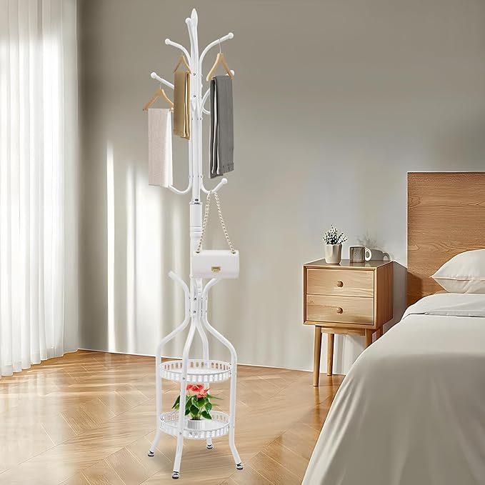 Multifunctional Metal Coat Rack Stand, Freestanding Coat Rack Hat Hall Tree with 2 Layer Basket and Practical Feet, Clothing Rack for Hallways, Living Rooms (White)