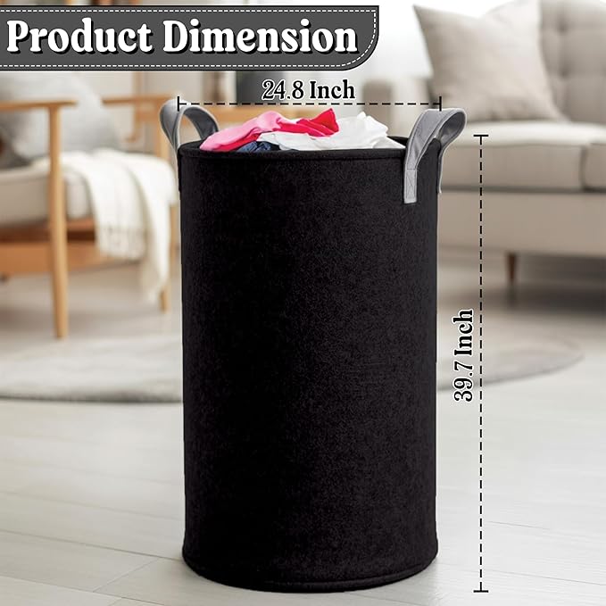 90L Laundry Basket, RECYCLED FROM 40 PLASTIC BOTTLES, Laundry Hamper, Storage Basket, Eco-Friendly Round Laundry Bag with Handles for Dirty Clothes, Toys, Nursery, Dorm (Black)