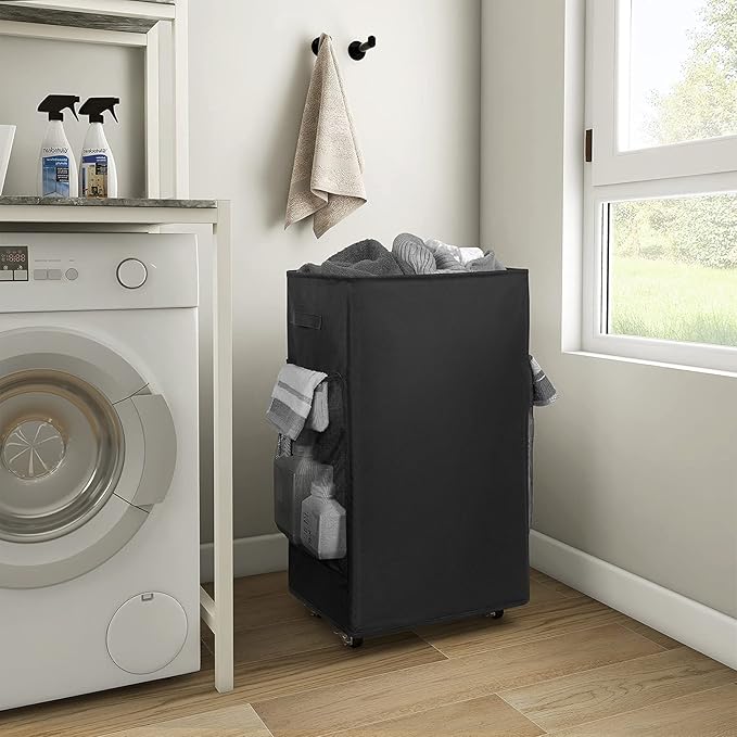 Chrislley 90L Rolling Laundry Basket Large Laundry Hamper with Wheels Collapsible Clothes Hamper Rolling Tall Laundry Storage Cart Foldable Clothes Organizer (Black)