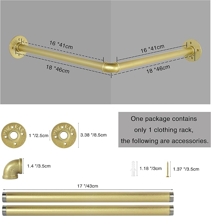 AddGrace Industrial Pipe Garment Rack Iron Wall Mounted Right Angle Corner Clothing Rack with Screws DIY Home Storage Display(Gold)