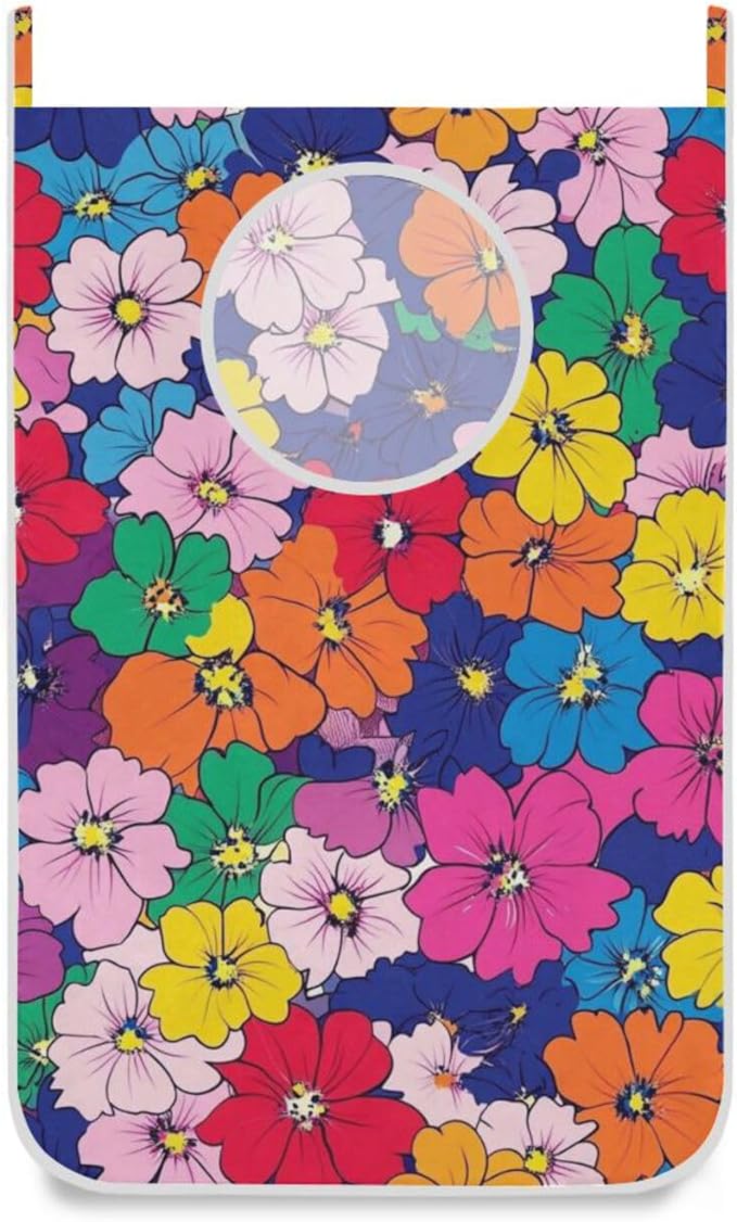 Hanging Laundry Hamper with Stainless Steel Hooks,Oxford Fabric Printing Door Laundry Clothes Bag, 29.5X20inch 2PCS Kawaii Small Hibiscus Flowers