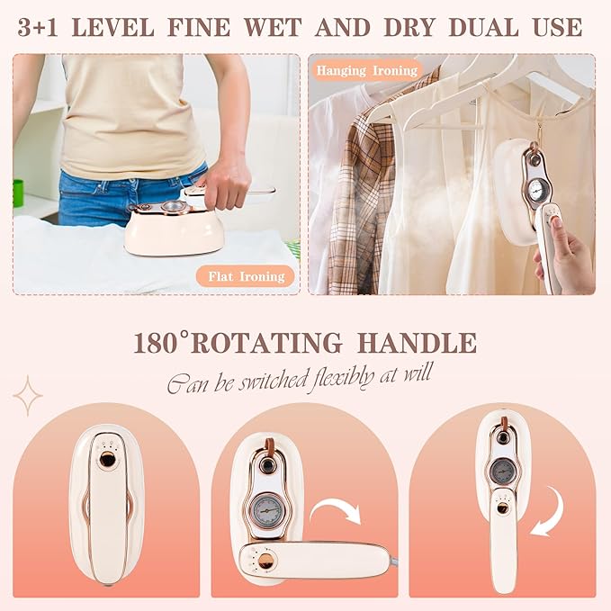 VAYALT Mini Steamer Travel Iron for Clothes, 180° Rotating Handheld Steam Iron, Two Ironing Modes, Three steam levels, 15 Seconds Quick Preheat, Suitable for Dormitory, Home and Travel(Beige)