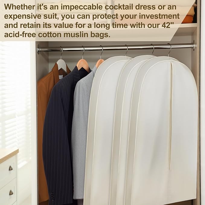 42 Inch Acid Free Cotton Muslin Suit Garment Bag Long Dress Suit Storage Box Closet Organizer for Suits, Coats, Travel Bag