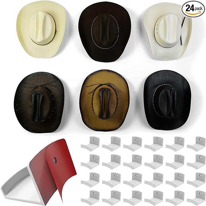 Modern JP Adhesive Hat Hooks for Wall (24-Pack) - Cowboy Hat Rack, Wide Brim Hat Organizer, Strong Hold Hat Hangers for Wall - White