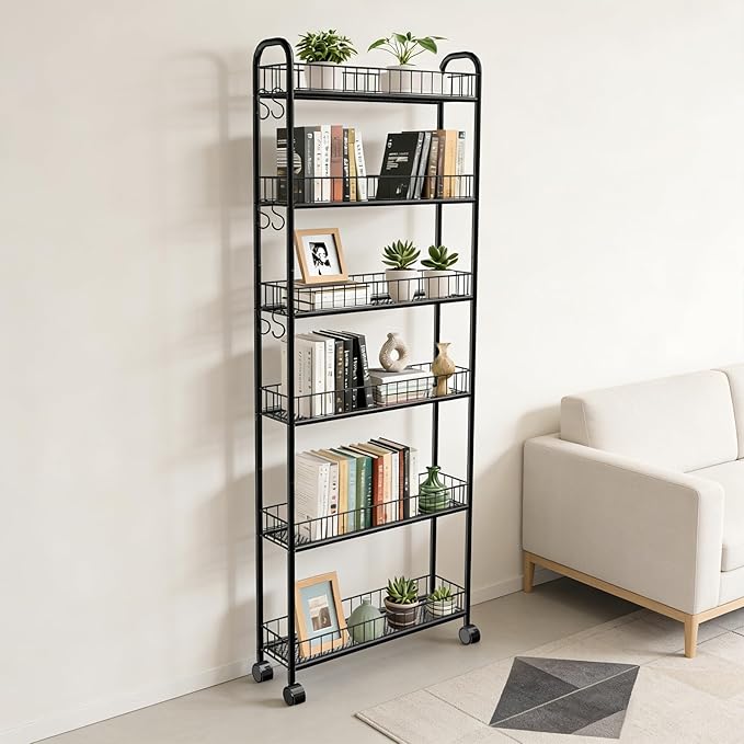 6in 6 Tier Slim Storage Cart with Wheels, Black Narrow Space Rolling Shelving Unit with Handle, Metal Wire Mobile Organizer Rack for Kitchen Bathroom Office Laundry