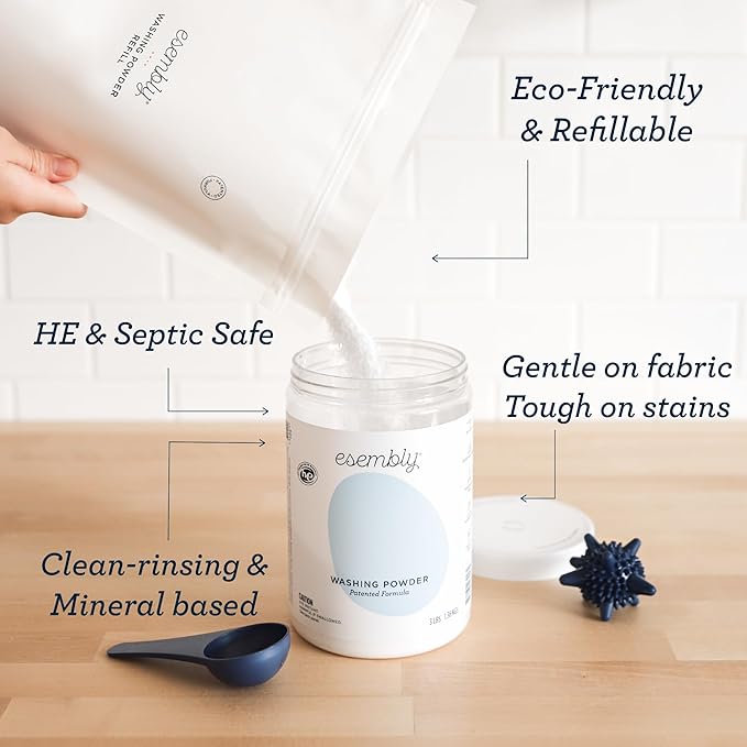 Esembly Laundry Washing Powder – HE Mineral Based Detergent for All Household Laundry and Cloth Diapers – Patented, Fragrance-Free, EWG Verified, Earth-Friendly, (6lb Refill Bag No Scoop)