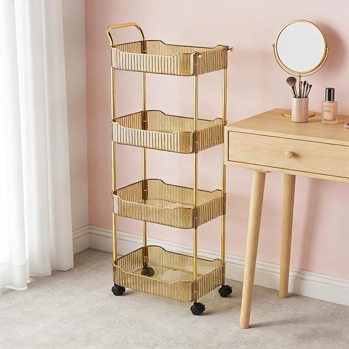 4-Tier Acrylic Rolling Storage Cart, Rolling Utility Cart, Kitchen Storage Cart with Wheels for Bathroom,Living Room, Kithcen, Office Storage and Organization (14''X10''X37'')(Amber)