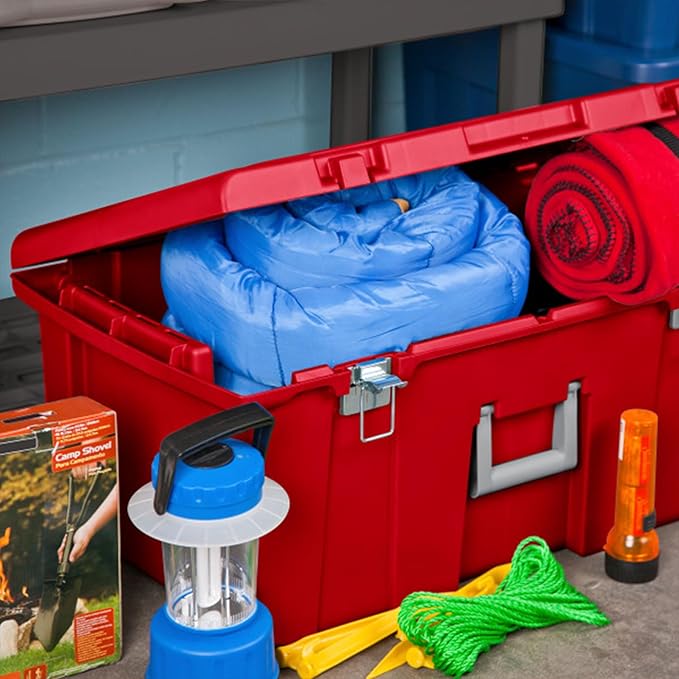 Sterilite Wheeled Footlocker, Lockable Plastic Utility Storage Bin with Lid, Red - Heavy-Duty Organizing Containers for Home, Office, Garage, and Basement