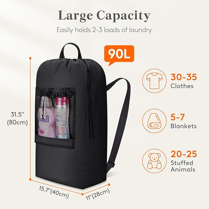 Lifewit Laundry Bag, Extra Large Laundry Backpack with Shoulder Straps and Mesh Pocket for Laundromat, Heavy Duty Laundry Bag Backpack for Dirty Clothes for College Dorm/Travel/Apartment, 90L, Black