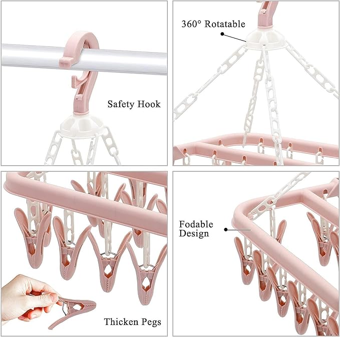 Foldable Clothes Drying Hanger with 32 Clips, Clip and Drip Hangers Clothes Drying Rack, Underwear Hangers for Drying, Laundry Clothes Hanger for Drying Socks Lingerie Baby Clothes Towels Bras Hat