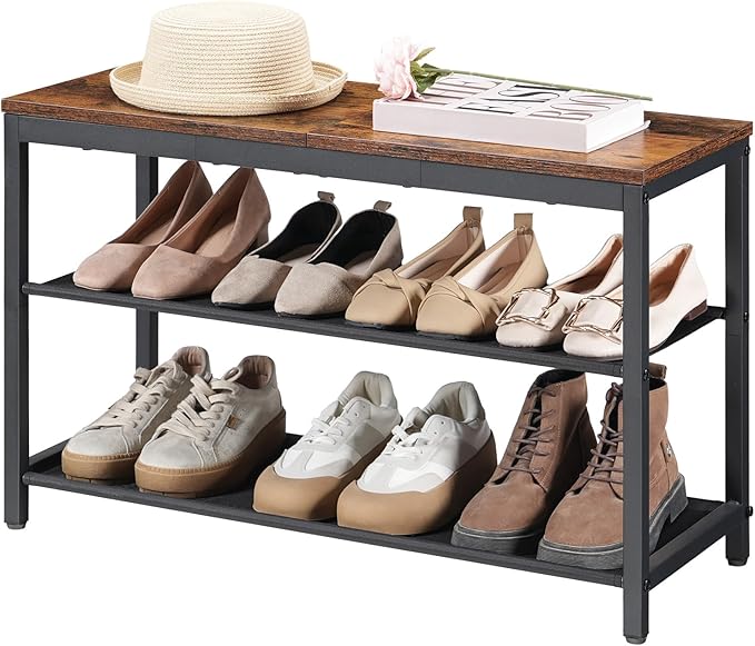 HOOBRO Shoe Bench, 3-Tier Shoe Rack Bench with Oxford Fabric Shelves, 29.5" L Shoe Storage Shelf Organizer, Entryway Bench Holds 6-8 Pairs of Shoes, Lightweight, Space-Saving, Rustic Brown BF77HX01