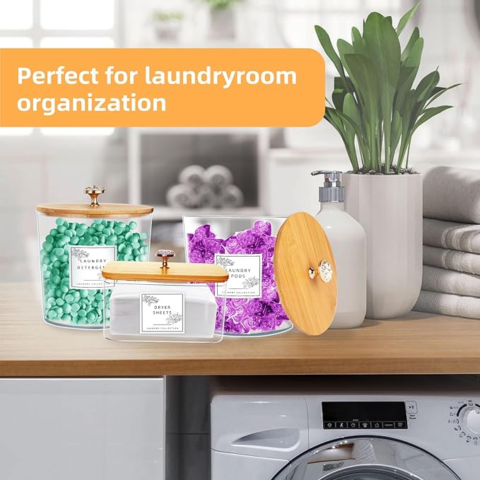 3 Pack Laundry Room Organization Storage Containers Acrylic Jars and Dryer Sheet Holder with Lids and Labels for Laundry Detergent Laundry Pods Containers Dry Sheet Organizing