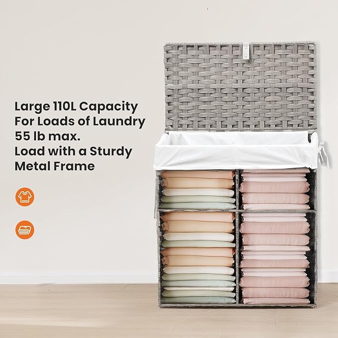 Laundry Basket with Lid, 110 L Large Capacity Hamper, Rattan Laundry Basket with Compartments & Handles, Foldable, Removable Liner, Dove Gray