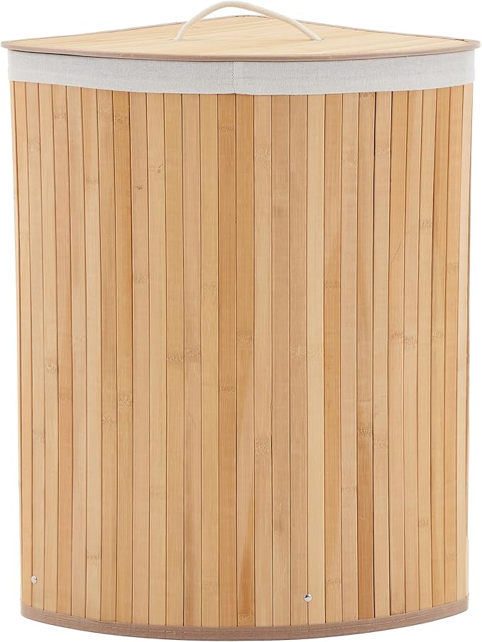 GarveeHome Corner Laundry Hamper with Lid, 15.3 Gal / 58 L Large Foldable Bamboo Laundry Basket with Washable Liner Bag, Wicker Clothes Hamper for Bedrooms Bathrooms Apartments, Natural