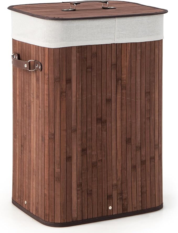 Giantex Bamboo Laundry Hamper with Lid, 72L Large & Tall Clothes Hamper with Removable Liner & Handles, Rectangular Laundry Basket for Small Spaces, Laundry Room, Bedroom (Brown)