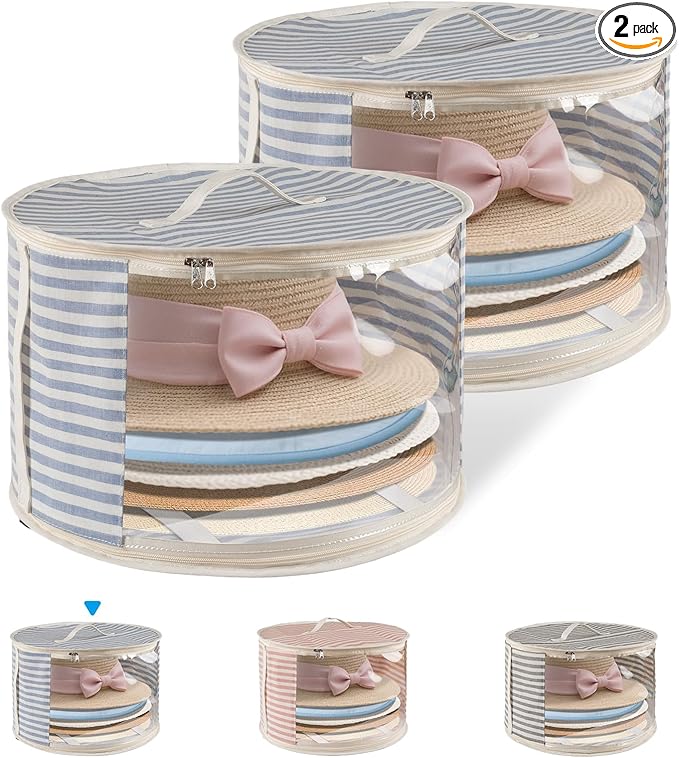 2 Pack Hat Storage Box with Clear Window, Holds up to 7 Caps Cowboy Hat Organizer Bag for Closet for Wide Brim Hats with Carrying Handles, Blue