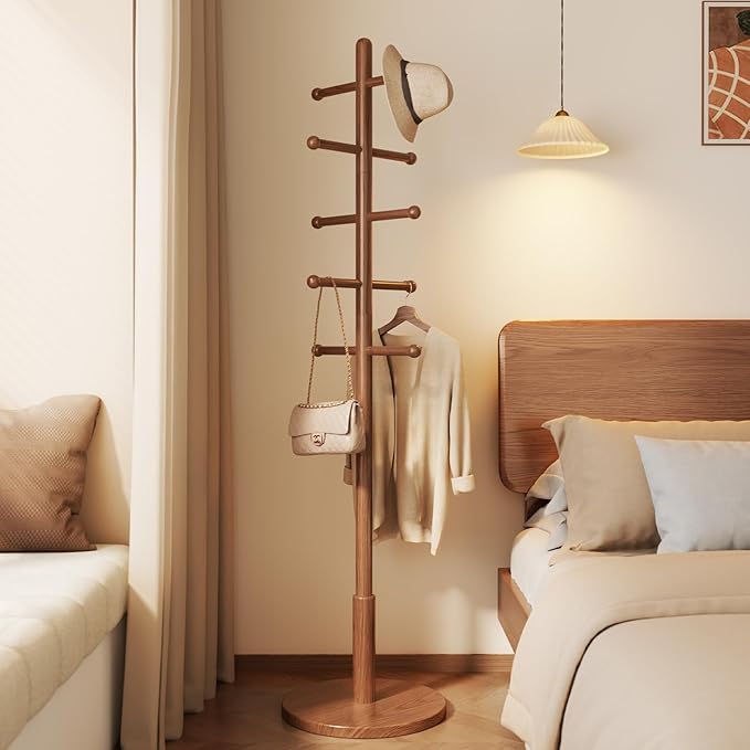 Solid Wood Coat Rack Freestanding with 10 Hooks, Coat tree freestanding 3 Adjustable Heights for coat, Hats, Handbags, Coat Stand for Entryway,Bedroom,office, Walnut