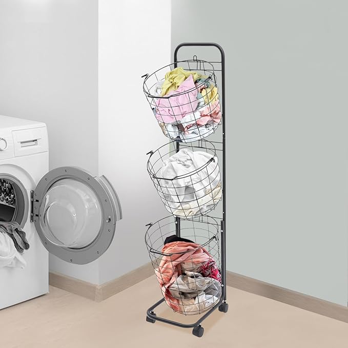 3 Tier Laundry Basket on Wheels Breathable & Detachable Laundry Hampers Tilt-out Clothing Sorting Baskets Snack Storage Cart Metal Rack Shelf with Practical Hooks for Bedroom Kitchen Black
