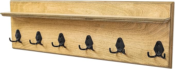 Rustic Wall Mounted Coat Rack with Shelf Wooden Entryway Organizer with 5 Metal Hooks for Coats Hats Towels Keys Floating Storage Shelf for Bathroom Bedroom (Jade, 24 inch (5 Hooks))