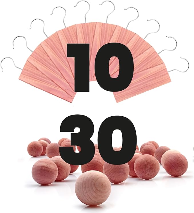 Cedar Blocks and Balls for Clothes Storage 40 Pack - Stop Clothes Damage - 10 Fresh Planks and Hangers Plus 30 Cedar Balls to Protect Your Clothing