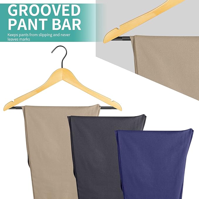 Premium Quality Solid Wood Clothes Hangers for Suits and Coats, Smooth Finishes, Non-Slip Pants Bar, 360° Swivel Soft Coated Hooks. Pack of 20(Clear Natural)