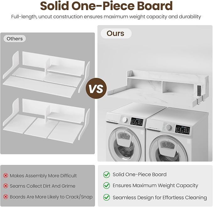 Upgraded 2-Tier Washer and Dryer Countertop with Power Outlet,54" W x 27.6" D Large Laundry Countertop for Fold Clothes, Laundry Topper with Non-Slip Pads & Metal Hooks and Storage Basket