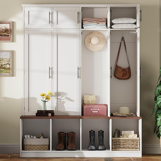 75" H Farmhouse Hall Tree with Storage, Versatile 4-in-1 Coat Hanger with 4 Hidden Hanging Hooks, 8 Doors, Entryway Shoe Cabinet with Open Compartments for Living Room