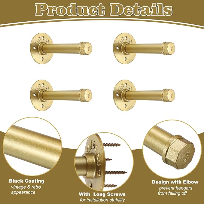 BTSKY 4 Pack Gold 6 Inch Iron Industrial Pipe Clothes Rack with Screws, Heavy Duty Wall Mounted Clothing Hanging Rod Shelving Brackets for Laundry Room Retail Store
