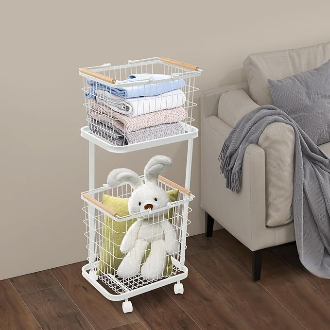 2 Tiers Metal Laundry Basket with Wheels, Removable Wire Laundry Baskets With 4 Universal Wheels Rolling Laundry Basket Floor Standing, Load Bearing Capacity of 88.18 lbs