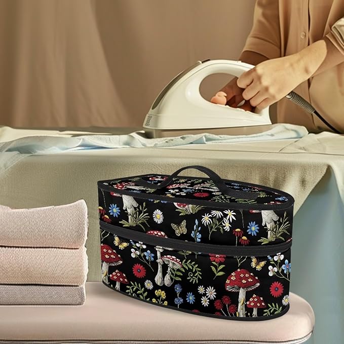 Mushroom Daisy Flower Butterfly Print Steam Iron Storage Bag Portable Garment Steamer Case Lightweight Travel Iron Organizer Waterproof & Dustproof Carrier Bag, Case Only