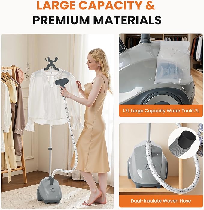 Sweetcrispy Garment Steamer for Clothes Standing, 1500W Powerful Clothes Steamer Standing with Wheels, 1.7L Water Tank for 55 Min Continuous Steaming, Professional Wrinkle Remover Heats in 45 Seconds
