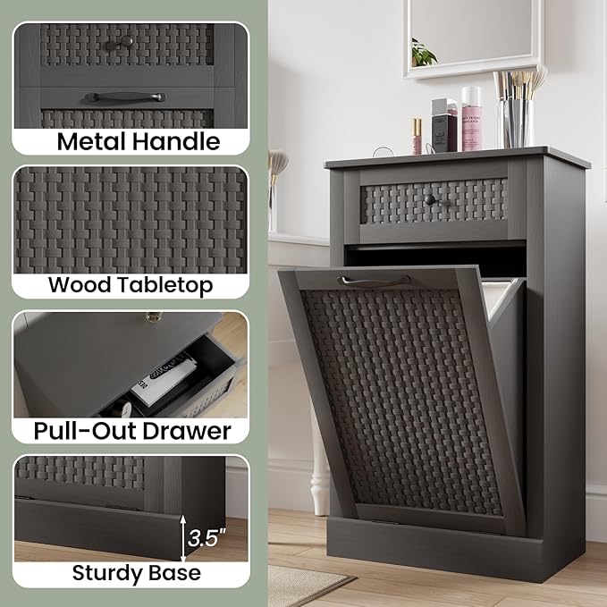 Double Tilt Out Laundry Hamper Cabinet, Rattan-Style Laundry Room Organization with Removable Laundry Basket, Hidden Wood Dirty Clothes Hamper with Drawers, 39" L x 13" W x 35.8" H, Gray