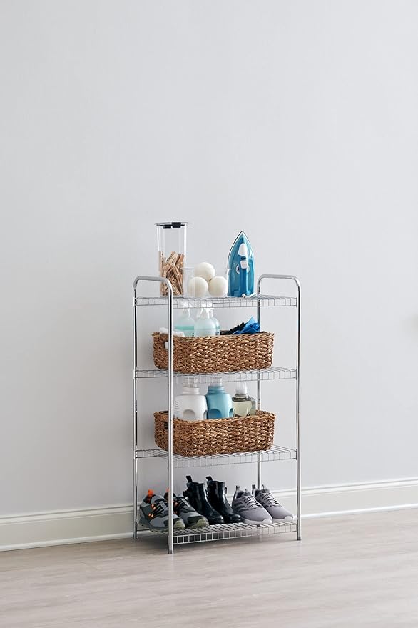 Rubbermaid 4-Tier Heavy Duty Wire Shelf, Satin Nickel, Easy Assemble with Hardware Included, for Food/Laundry/Closet Home Storage Use