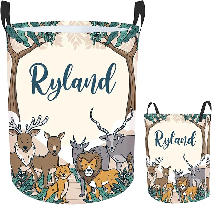 Personalized Baby Boys Laundry Hamper for Nursery, Custom Name Woodland Animals Laundry Baskets for Toddler Kids Adults, Personalized Gift Baby Name Laundry Hamper with Handles