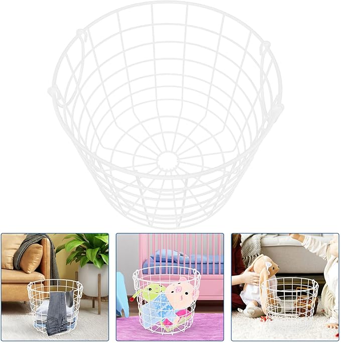 Luxshiny Iron Wire Utility Storage Basket, Laundry Basket Hamper Metal Clothes Basket with Handles Grocery Basket Trash Can for Kitchen Bathroom Laundry Room White