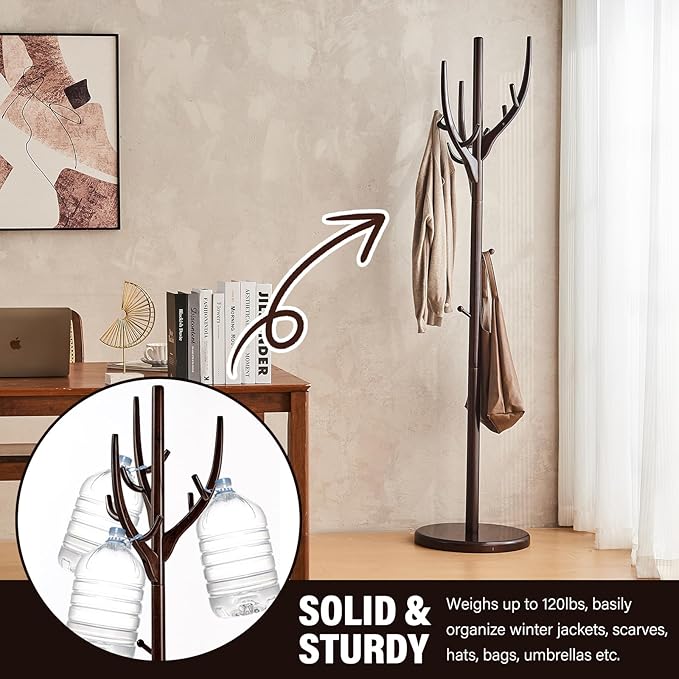 CozyDH Coat Rack Wooden Freestanding - Wood Coat Rack Freestanding Heavy Duty, Wooden Coat Stand with 12 Hooks Creative Tree Branch-look for Entryway, Hallway, Bedroom (Dark Walnut)