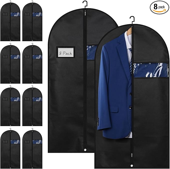 Lzerking Premium Garment Bag 8-Pack, 43 Inch Garment Bags for Hanging Clothes, Suit Bags for Travel with Clear Window, Sweater, Coat & Suit Storage