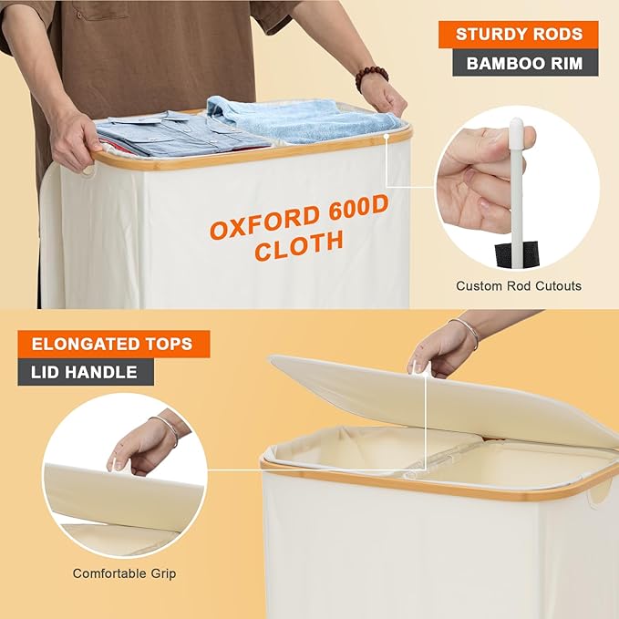 GARPROVM Double Laundry Hamper with Lid 150L Large Laundry Basket with Bamboo Handles Foldable Clothes Hampers with 2 Removable Liner Bags for Laundry for Bedroom Bathroom Dorm Laundry Room (Beige)