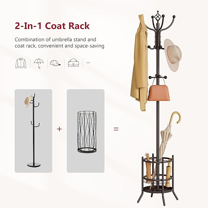 Tajsoon Coat Rack Stand with Umbrella Holder, Coat Tree Freestanding with 16 Hooks, Coat Hangers Stand for Living Room, Bedroom, Office, Brown
