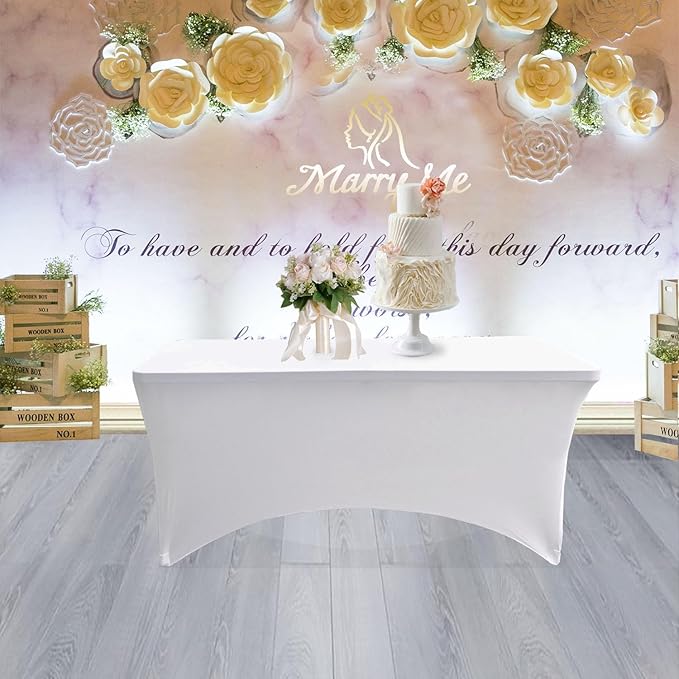 6 Pack - Elegant White Stretch Spandex Table Cover (60Lx28Wx30H Inches), Non-Iron Fitted Tablecloth for 5-Foot Rectangular Folding Tables -Ideal for Banquets, Weddings & Festivals